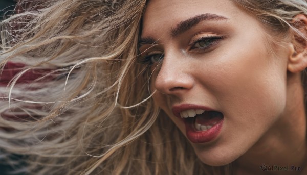 1girl,solo,long hair,looking at viewer,open mouth,blonde hair,teeth,lips,grey eyes,eyelashes,makeup,floating hair,wind,portrait,close-up,realistic,nose,red lips,1boy,green eyes,male focus