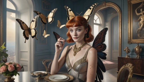 1girl,solo,breasts,looking at viewer,smile,short hair,blue eyes,brown hair,dress,cleavage,bare shoulders,jewelry,upper body,flower,earrings,small breasts,wings,indoors,necklace,orange hair,mole,lips,window,makeup,rose,table,bug,butterfly,pink flower,plate,freckles,fork,fairy,pink rose,vase,butterfly wings,painting (object),bangs,hair ornament,medium breasts,sitting,red hair,artist name,hand up,nail polish,watermark,plant,black nails,realistic,fairy wings,body freckles