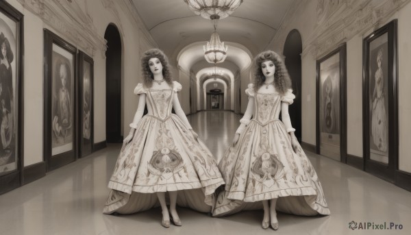 long hair,looking at viewer,multiple girls,long sleeves,dress,2girls,jewelry,standing,monochrome,full body,short sleeves,greyscale,shoes,puffy sleeves,indoors,necklace,high heels,puffy short sleeves,siblings,floral print,tiara,sisters,reflection,curly hair,twins,mirror,skirt hold,arms at sides,sepia,chandelier,1girl,window