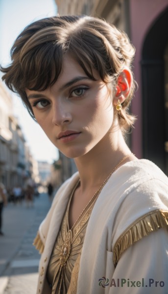 1girl,solo,looking at viewer,short hair,bangs,brown hair,dress,brown eyes,jewelry,upper body,earrings,outdoors,parted lips,day,necklace,hair bun,blurry,lips,depth of field,blurry background,sunlight,single hair bun,building,freckles,realistic,nose,black hair,closed mouth,eyelashes,piercing