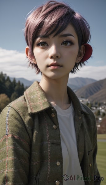 1girl,solo,looking at viewer,short hair,bangs,brown hair,shirt,brown eyes,jewelry,closed mouth,jacket,white shirt,upper body,earrings,outdoors,open clothes,sky,day,blurry,open jacket,blue sky,lips,plaid,buttons,depth of field,blurry background,denim,freckles,mountain,realistic,nose,stud earrings,denim jacket,black hair,parted lips,cloud,tree,eyelashes,makeup,thick eyebrows,leather,dirty,leather jacket,dirty face