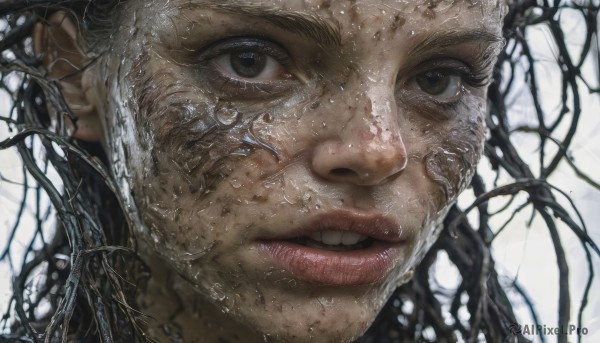 1girl,solo,looking at viewer,black hair,white background,brown eyes,parted lips,teeth,water,black eyes,lips,wet,portrait,close-up,realistic,1boy,male focus,facial hair,water drop