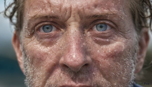 solo,looking at viewer,blue eyes,blonde hair,1boy,closed mouth,male focus,blurry,wet,blurry background,facial hair,portrait,beard,close-up,realistic,mustache,old,old man,depth of field,water drop