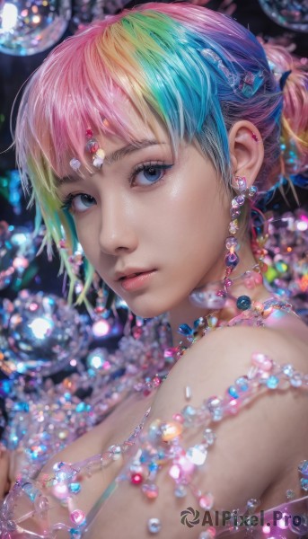 1girl,solo,breasts,looking at viewer,short hair,bangs,blue eyes,blonde hair,hair ornament,bare shoulders,jewelry,closed mouth,blue hair,upper body,pink hair,multicolored hair,earrings,green hair,necklace,hair bun,blurry,from side,lips,eyelashes,aqua hair,gradient hair,makeup,depth of field,blurry background,single hair bun,gem,realistic,nose,rainbow hair,parted lips,choker,artist name,sparkle,watermark,portrait,web address,beads,pink lips,bokeh,mascara,pearl (gemstone)