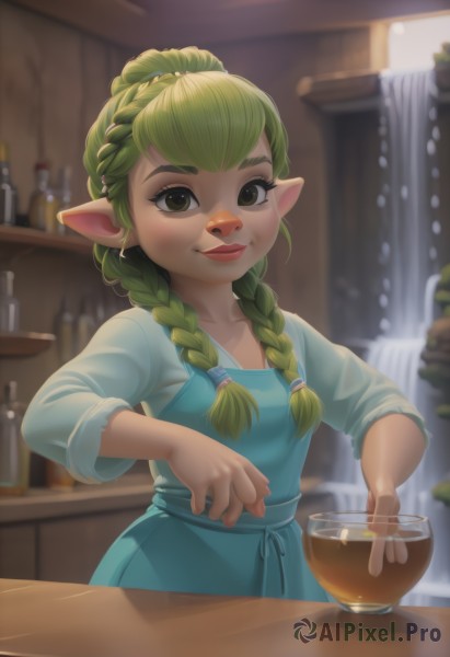 1girl,solo,long hair,looking at viewer,smile,bangs,shirt,holding,animal ears,brown eyes,closed mouth,collarbone,braid,green hair,pointy ears,artist name,indoors,water,blurry,black eyes,twin braids,cup,lips,depth of field,blurry background,watermark,bottle,hair over shoulder,furry,alcohol,drinking glass,furry female,counter,breasts,long sleeves,jewelry,green eyes,earrings,apron,bowl,nose,pouring