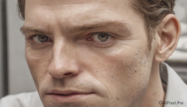 solo,looking at viewer,short hair,brown hair,shirt,1boy,brown eyes,closed mouth,white shirt,male focus,collared shirt,indoors,blurry,lips,wet,blurry background,portrait,close-up,realistic,sweat,facial hair,looking away,nose,stubble