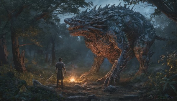 short hair,black hair,1boy,holding,standing,weapon,male focus,boots,outdoors,teeth,sword,from behind,holding weapon,tree,night,holding sword,fire,sharp teeth,nature,scenery,1other,forest,monster,rock,fantasy,dragon,solo,open mouth,shirt,short sleeves,sky,size difference