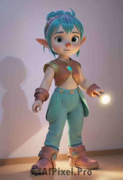 1girl,solo,looking at viewer,smile,short hair,holding,jewelry,blue hair,standing,full body,boots,pointy ears,pants,shadow,goggles,light,dark,lalafell,gloves,navel,green eyes,green hair,midriff,aqua hair,glowing,child,goggles on head,flashlight