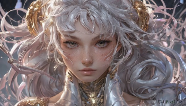 1girl,solo,long hair,looking at viewer,bangs,hair ornament,brown eyes,closed mouth,white hair,horns,solo focus,pointy ears,artist name,armor,lips,grey eyes,eyelashes,floating hair,portrait,close-up,freckles,realistic,yellow eyes,blurry,expressionless,wind,nose,straight-on