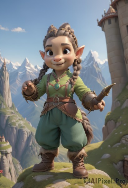 1girl,solo,long hair,looking at viewer,smile,brown hair,shirt,gloves,brown eyes,jewelry,standing,tail,full body,weapon,braid,boots,outdoors,sky,day,pointy ears,belt,pants,cloud,fingerless gloves,twin braids,blue sky,brown footwear,thick eyebrows,grass,knife,child,furry,mountain,fantasy,female child,green pants,long sleeves,holding,closed mouth,flower,earrings,artist name,necklace,hair over shoulder,brown gloves,green shirt,overalls,castle