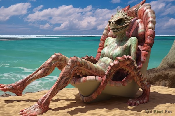 solo,sitting,full body,outdoors,sky,teeth,day,cloud,water,blue sky,no humans,colored skin,ocean,chair,beach,sunglasses,claws,monster,sand,horizon,alien,1girl,breasts,cloudy sky,realistic