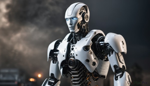 solo,blue eyes,1boy,upper body,male focus,blurry,no humans,blurry background,glowing,robot,mecha,glowing eyes,1other,smoke,science fiction,realistic,android,joints,damaged,robot joints,mechanical parts,humanoid robot,cloud,looking ahead