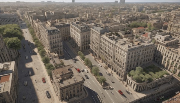 outdoors,day,tree,no humans,window,from above,ground vehicle,building,scenery,motor vehicle,stairs,city,sign,railing,car,road,cityscape,bridge,street,skyscraper,truck,real world location,sky,shadow,river