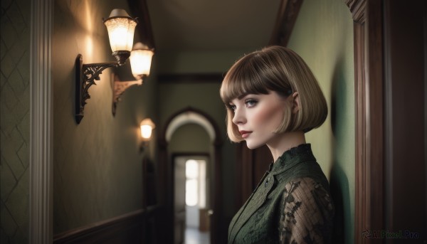 1girl,solo,looking at viewer,smile,short hair,bangs,blue eyes,blonde hair,brown hair,shirt,brown eyes,upper body,parted lips,indoors,blunt bangs,blurry,from side,lips,window,depth of field,blurry background,bob cut,realistic,nose,green shirt,red lips,lamp,profile,makeup,lipstick,door,light