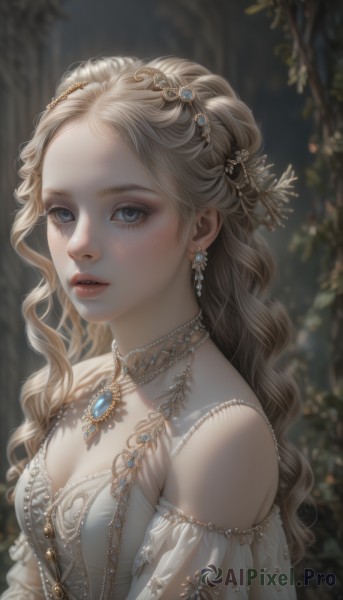 1girl,solo,long hair,breasts,looking at viewer,blue eyes,blonde hair,hair ornament,dress,cleavage,bare shoulders,jewelry,upper body,braid,earrings,small breasts,parted lips,detached sleeves,teeth,necklace,white dress,blurry,lips,grey eyes,eyelashes,depth of field,blurry background,wavy hair,gem,half updo,freckles,curly hair,realistic,dappled sunlight,medium breasts,makeup,forehead,nose,red lips