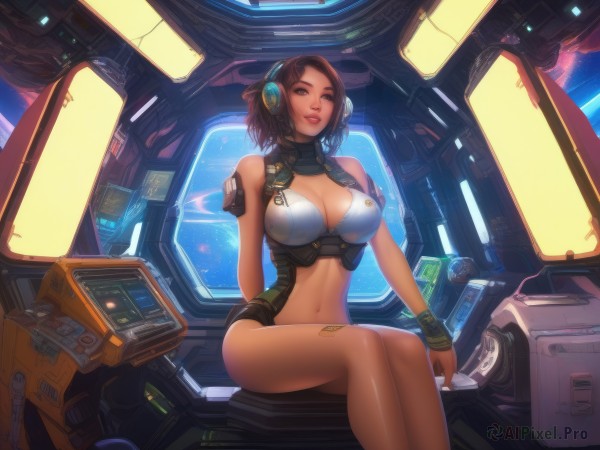 1girl,solo,breasts,looking at viewer,smile,short hair,bangs,large breasts,brown hair,navel,cleavage,bare shoulders,brown eyes,sitting,thighs,parted lips,midriff,dark skin,dark-skinned female,lips,clothing cutout,headgear,headphones,bandaid,headset,science fiction,realistic,nose,monitor,bandaid on leg,bandaid on knee,cockpit,holographic interface,one eye closed,teeth,sleeveless,stomach,bracelet,bare legs,feet out of frame,cleavage cutout,wristband,legs together,cable,space,navel cutout