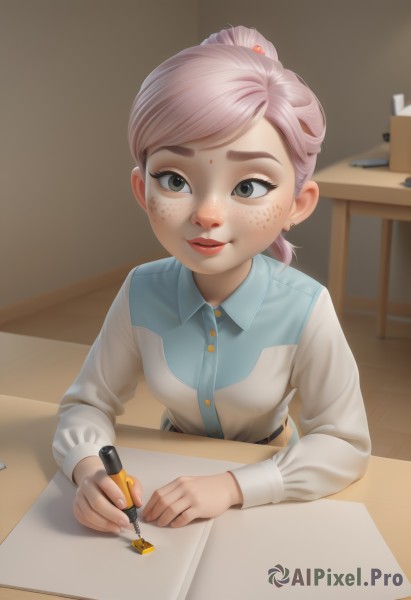 1girl,solo,breasts,looking at viewer,smile,shirt,hair ornament,long sleeves,holding,jewelry,sitting,white shirt,upper body,ponytail,pink hair,earrings,parted lips,collared shirt,belt,artist name,indoors,hair bun,black eyes,lips,grey eyes,makeup,buttons,swept bangs,table,single hair bun,desk,freckles,paper,pen,stud earrings,pencil,drawing,mechanical pencil,short hair,green eyes,aged down,child