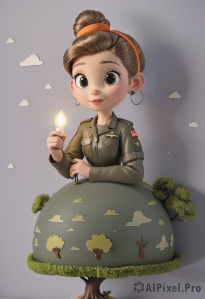 1girl,solo,looking at viewer,smile,short hair,brown hair,long sleeves,holding,brown eyes,jewelry,sitting,closed mouth,jacket,full body,hairband,earrings,belt,grey background,hair bun,uniform,black eyes,tree,lips,military,military uniform,shadow,single hair bun,fire,pocket,hoop earrings,candle,breast pocket,artist name,bird,scrunchie