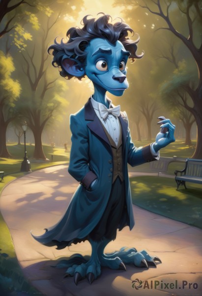 solo,smile,black hair,1boy,bow,standing,full body,male focus,outdoors,pointy ears,artist name,bowtie,tree,colored skin,watermark,formal,suit,web address,furry,hand in pocket,blue skin,bench,furry male,traditional bowtie,park,short hair,shirt,long sleeves,brown eyes,blue hair,vest,coat,bird,thick eyebrows,grass,white bow,claws,freckles,lamppost,white bowtie,blue coat,tuxedo,park bench,blue fur