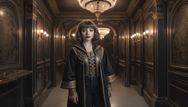 1girl,solo,looking at viewer,smile,short hair,bangs,brown hair,shirt,black hair,long sleeves,brown eyes,jewelry,closed mouth,standing,collarbone,cowboy shot,earrings,belt,pants,indoors,blunt bangs,black eyes,lips,coat,makeup,black pants,lipstick,curly hair,black coat,robe,arms at sides,tiles,red lips,tile floor,ceiling,hallway,ceiling light,chandelier,breasts,open clothes,mole,ring,black nails,open coat,cross-laced clothes