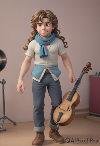 1girl,solo,long hair,looking at viewer,smile,blue eyes,brown hair,shirt,1boy,closed mouth,standing,full body,white shirt,short sleeves,male focus,boots,belt,pants,indoors,scarf,lips,brown footwear,denim,instrument,freckles,curly hair,jeans,realistic,music,guitar,playing instrument,violin,bangs,blurry,black pants,aged down,cross-laced footwear,brown background,ankle boots,brown belt,blue scarf,drum,bow (music)