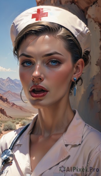 1girl,solo,looking at viewer,short hair,open mouth,blue eyes,brown hair,shirt,black hair,hat,jewelry,collarbone,white shirt,upper body,earrings,outdoors,sky,teeth,day,collared shirt,blue sky,lips,makeup,upper teeth only,lipstick,portrait,freckles,mountain,realistic,nose,nurse cap,red lips,nurse,id card,lanyard,stethoscope,blush,parted lips,cloud,eyelashes,cross