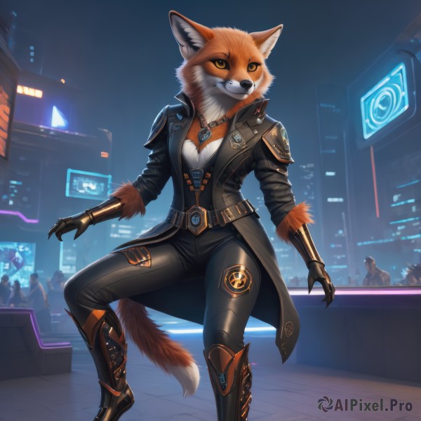 1girl,solo,breasts,smile,gloves,animal ears,cleavage,jewelry,medium breasts,standing,jacket,tail,yellow eyes,boots,outdoors,open clothes,solo focus,belt,pants,necklace,armor,open jacket,black jacket,orange eyes,fox ears,night,fox tail,black pants,gauntlets,building,claws,furry,pendant,colored sclera,science fiction,city,furry female,people,orange fur,shirt,long sleeves,teeth,artist name,black footwear,looking to the side,fur trim,fur collar,cityscape,leather,snout,brown fur,city lights,holographic interface,leather pants