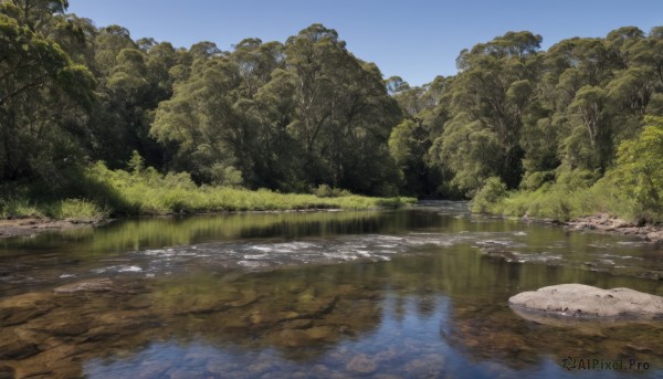 outdoors,sky,day,water,tree,blue sky,no humans,grass,nature,scenery,forest,reflection,rock,bush,river,lake,reflective water