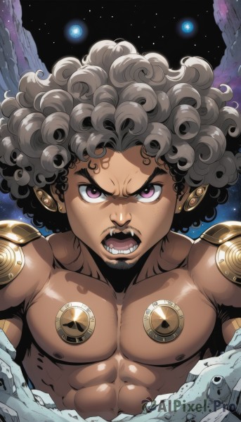 solo,looking at viewer,open mouth,black hair,1boy,jewelry,purple eyes,upper body,grey hair,male focus,earrings,wings,teeth,dark skin,muscular,facial hair,fangs,abs,dark-skinned male,pectorals,star (sky),angry,starry sky,curly hair,topless male,space,planet,afro,pointy ears,v-shaped eyebrows,tattoo,piercing,thick eyebrows,muscular male,beard,goatee,manly,cyborg,chest tattoo