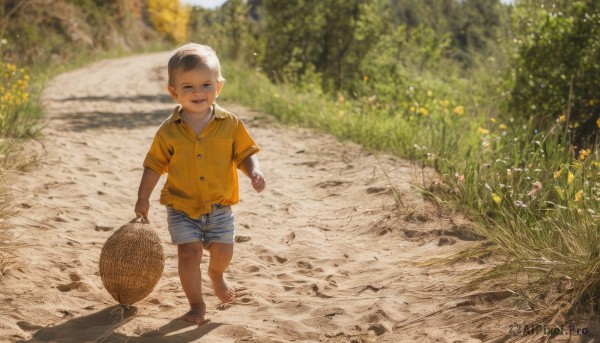 solo,looking at viewer,smile,short hair,open mouth,blue eyes,shirt,black hair,1boy,holding,standing,full body,closed eyes,flower,short sleeves,male focus,outdoors,shorts,barefoot,day,striped,collared shirt,blurry,buttons,blurry background,shadow,sunlight,grass,child,nature,walking,blue shorts,yellow shirt,realistic,basket,road,male child,photo background,path,teeth,pointy ears,orange shirt,dirty,holding basket,dirty feet