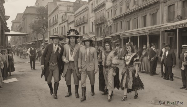 long hair,looking at viewer,smile,short hair,multiple girls,skirt,shirt,long sleeves,hat,dress,holding,jewelry,closed mouth,standing,jacket,monochrome,greyscale,boots,outdoors,japanese clothes,multiple boys,necktie,glasses,day,collared shirt,pants,kimono,necklace,bag,looking at another,apron,vest,bracelet,tree,hand on hip,holding hands,facial hair,6+girls,formal,sandals,suit,building,beard,walking,6+boys,hand in pocket,top hat,handbag,city,straw hat,road,sepia,street,cane,crowd,pavement,belt,high heels,scenery