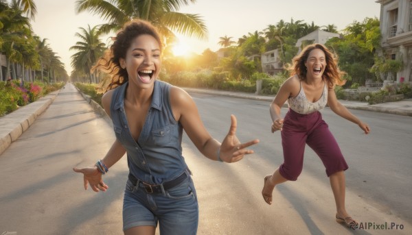 long hair,breasts,smile,open mouth,multiple girls,brown hair,2girls,cleavage,jewelry,medium breasts,closed eyes,flower,outdoors,shorts,teeth,day,belt,pants,signature,dark skin,nail polish,bracelet,dark-skinned female,tree,sandals,sunlight,tank top,denim,building,walking,curly hair,running,jeans,realistic,palm tree,road,laughing,house,street,fleeing,chasing,shirt,black hair,:d,earrings,sleeveless,happy,plant,toenails,sun,toenail polish,bangle,overalls,dreadlocks