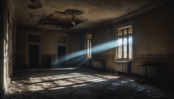 outdoors,day,indoors,no humans,window,shadow,chair,sunlight,scenery,light rays,stairs,door,light,sunbeam,ruins,hallway,building,wall,broken,cracked wall