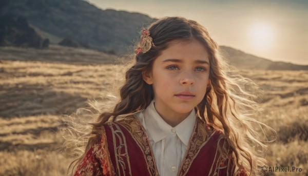 1girl,solo,long hair,looking at viewer,blue eyes,brown hair,shirt,black hair,hair ornament,closed mouth,white shirt,upper body,outdoors,sky,day,collared shirt,blurry,lips,depth of field,blurry background,wavy hair,sunlight,portrait,freckles,curly hair,mountain,realistic,sun,field,brown eyes,jewelry,wind,backlighting,sunset