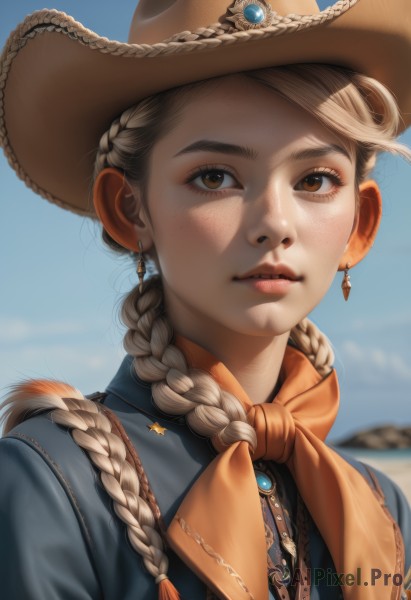 1girl,solo,long hair,looking at viewer,blonde hair,brown hair,shirt,hat,brown eyes,jewelry,closed mouth,upper body,braid,earrings,outdoors,sky,day,blurry,twin braids,blue sky,lips,blurry background,portrait,freckles,realistic,nose,brown headwear,fringe trim,cowboy hat,cowboy western,bangs,parted lips,neckerchief,eyelashes,depth of field,thick eyebrows,brooch,hair over shoulder,orange neckerchief