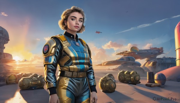 1girl,solo,looking at viewer,short hair,brown hair,brown eyes,standing,outdoors,sky,cloud,armor,uniform,lips,military,bodysuit,ocean,helmet,ground vehicle,motor vehicle,headwear removed,science fiction,sunset,realistic,aircraft,nose,sun,military vehicle,airplane,watercraft,jumpsuit,spacecraft,helmet removed,desert,breasts,jewelry,earrings,belt,ship