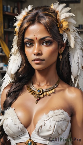 1girl,solo,long hair,breasts,looking at viewer,brown hair,hair ornament,cleavage,bare shoulders,brown eyes,jewelry,medium breasts,collarbone,upper body,braid,flower,earrings,artist name,indoors,hair flower,dark skin,necklace,blurry,covered nipples,dark-skinned female,lips,single braid,strapless,blurry background,facial mark,feathers,gem,breasts apart,freckles,realistic,nose,feather hair ornament,native american,dress,shiny,forehead mark