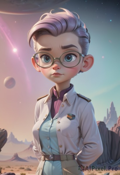 1girl,solo,breasts,looking at viewer,short hair,blue eyes,shirt,long sleeves,closed mouth,standing,jacket,upper body,purple hair,outdoors,open clothes,sky,glasses,belt,artist name,signature,uniform,lips,buttons,arms behind back,white jacket,star (sky),forehead,starry sky,black-framed eyewear,rock,mountain,round eyewear,planet,blush,medium breasts,military,military uniform,thick eyebrows