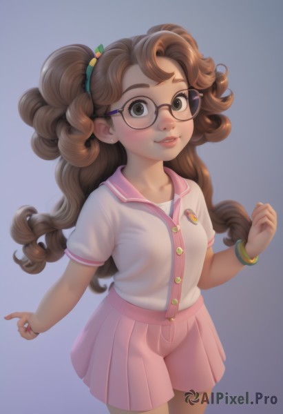 1girl,solo,long hair,breasts,looking at viewer,blush,smile,bangs,skirt,simple background,brown hair,shirt,hair ornament,twintails,brown eyes,jewelry,school uniform,collarbone,white shirt,short sleeves,cowboy shot,pleated skirt,small breasts,parted lips,glasses,teeth,serafuku,sailor collar,nail polish,bracelet,lips,buttons,blue background,pink skirt,freckles,purple background,black-framed eyewear,curly hair,round eyewear,pink sailor collar,green eyes,earrings,shorts,gradient,gradient background,nose,bangle,badge,pink shorts,thick lips