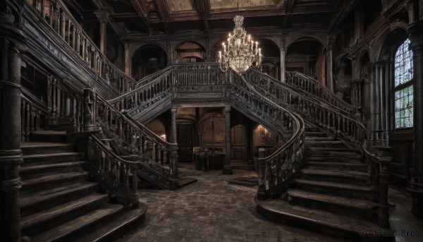 day,indoors,dutch angle,no humans,window,sunlight,scenery,stairs,railing,candle,architecture,pillar,statue,stained glass,church,arch,candlestand,chandelier,column,fantasy,door