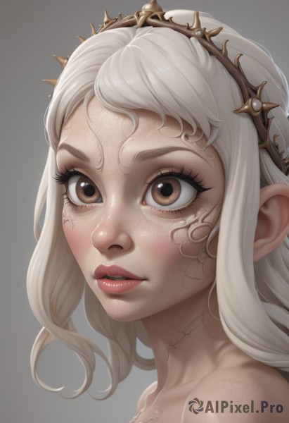 1girl,solo,long hair,looking at viewer,simple background,brown eyes,collarbone,white hair,parted lips,teeth,pointy ears,grey background,lips,eyelashes,tiara,portrait,close-up,freckles,veins,nose,blush,bare shoulders,hairband,artist name,tattoo,realistic