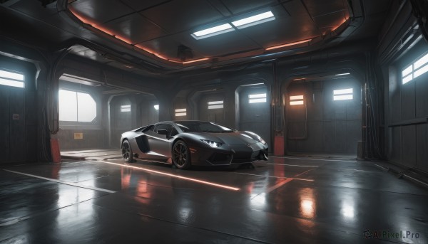 indoors,no humans,window,ground vehicle,scenery,motor vehicle,reflection,door,car,light,vehicle focus,lights,ceiling light,reflective floor,seat,night,science fiction,rain,tiles,cable,sports car