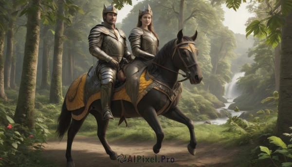 1girl,long hair,open mouth,brown hair,1boy,animal ears,boots,outdoors,day,armor,tree,facial hair,helmet,grass,plant,shoulder armor,gauntlets,nature,scenery,forest,pauldrons,breastplate,fantasy,bush,riding,greaves,horse,knight,full armor,horseback riding,plate armor,reins,saddle,water,bird,animal,crown,armored boots