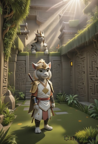 looking at viewer,1boy,animal ears,closed mouth,standing,full body,weapon,male focus,outdoors,barefoot,day,sword,artist name,armor,black eyes,tree,sunlight,helmet,grass,plant,shoulder armor,building,sheath,scenery,furry,pauldrons,sheathed,light rays,stairs,japanese armor,furry male,architecture,sunbeam,white fur,east asian architecture,weapon on back,full armor,statue,samurai,helm,kabuto (helmet),sash,no humans,mask,shadow,katana,arms at sides,bracer