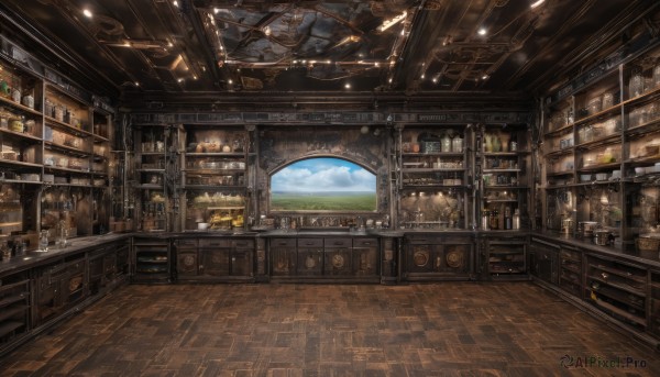 sky,day,cloud,indoors,cup,no humans,window,table,sunlight,bottle,scenery,alcohol,drinking glass,wooden floor,stairs,bookshelf,stool,shelf,shop,ceiling,bar (place),ceiling light,blue sky,plant,jar,counter,cabinet