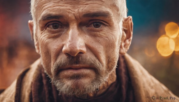 solo,looking at viewer,short hair,1boy,brown eyes,closed mouth,white hair,male focus,scarf,blurry,depth of field,blurry background,facial hair,scar,portrait,beard,close-up,mature male,realistic,manly,old,old man,wrinkled skin,mustache