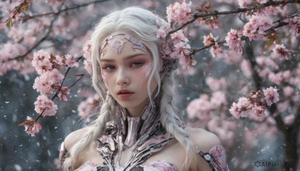 1girl, solo, long hair, looking at viewer, hair ornament, bare shoulders, upper body, braid, flower, white hair, parted lips, hair flower, blurry, lips, grey eyes, blurry background, cherry blossoms, portrait, realistic, branch