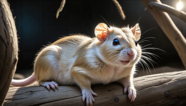 HQ,solo,looking at viewer,blue eyes,closed mouth,full body,blurry,no humans,animal,cat,on stomach,claws,wooden floor,realistic,animal focus,mouse,whiskers,open mouth,lying,pokemon (creature),night,white fur