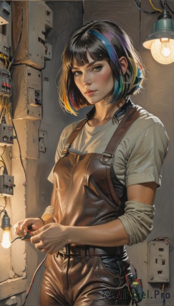 1girl,solo,breasts,looking at viewer,short hair,bangs,shirt,black hair,holding,brown eyes,blue hair,standing,white shirt,short sleeves,multicolored hair,cowboy shot,small breasts,parted lips,belt,pants,indoors,blunt bangs,black eyes,two-tone hair,lips,streaked hair,bob cut,t-shirt,sleeves rolled up,realistic,nose,overalls,cable,wire,light bulb,industrial pipe,see-through,science fiction,leather