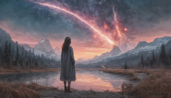 1girl,solo,long hair,skirt,brown hair,black hair,long sleeves,dress,standing,boots,outdoors,sky,cloud,water,from behind,tree,night,brown footwear,grass,star (sky),nature,night sky,scenery,forest,starry sky,reflection,sunset,mountain,facing away,wide shot,mountainous horizon,lake,shooting star,shoes,signature,black footwear,cloudy sky,arms at sides,reflective water,pine tree